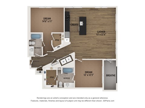 Floor plan for 2 beds, 2 baths, 1209 sqft